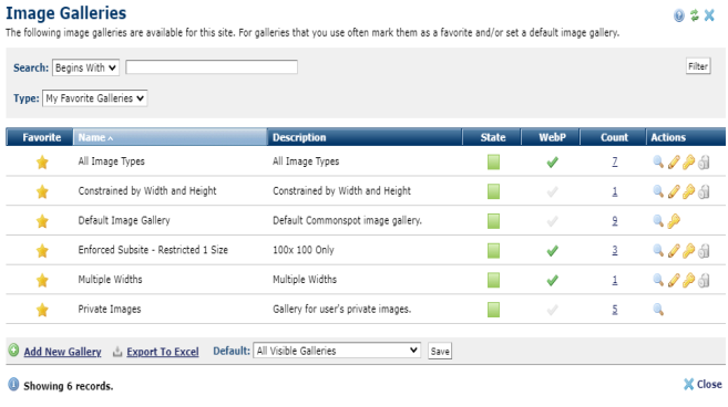 Image Galleries dialog